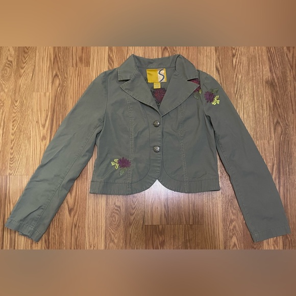 Military green denim jacket MEDIUM cropped embroidered floral vintage vntg Y2K - Picture 2 of 15